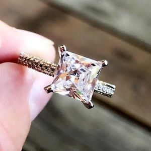 New Sizes Added! 18k WG/925 Sterling Princess Cut Center Pave Ring